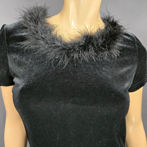 Vintage 90s black Velvet Mini dress Faux Fur Trim Size M Gothic Witchy Vampy - Picture 2 of 6